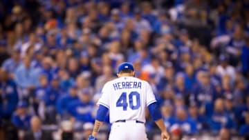 October 22, 2014: Kansas City Royals relief pitcher Kelvin Herrera (40) in front of fans during the MLB World Series Game 2 between the San Francisco Giants and the Kansas City Royals at Kauffman Stadium in Kansas City, Missouri. The Giants lead the series 1-0. The Royals defeated the Giants 7-2 to tie the series at 1-1 (Photo by William Purnell/Corbis via Getty Images)