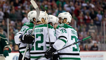 Apr 18, 2016; Saint Paul, MN, USA; Dallas Stars forward Colton Sceviour (22) celebrates his goal in the third period against the Minnesota Wild in game three of the first round of the 2016 Stanley Cup Playoffs at Xcel Energy Center. The Minnesota Wild beat the Dallas Stars 5-3. Mandatory Credit: Brad Rempel-USA TODAY Sports