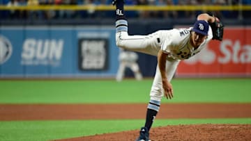 ST PETERSBURG, FLORIDA - MARCH 30: Tyler Glasnow #20 of the Tampa Bay Rays throws a pitch against the Houston Astros at Tropicana Field on March 30, 2019 in St Petersburg, Florida. (Photo by Julio Aguilar/Getty Images)