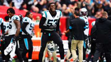 LONDON, ENGLAND - OCTOBER 13: Brian Burns of Carolina Panthers celebrates a touchdown during the NFL match between the Carolina Panthers and Tampa Bay Buccaneers at Tottenham Hotspur Stadium on October 13, 2019 in London, England. (Photo by Alex Burstow/Getty Images)