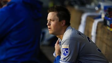 Kansas City Royals starting pitcher Kris Medlen (39) sits in the dugout - Mandatory Credit: Joe Nicholson-USA TODAY Sports