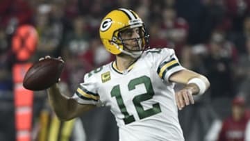 January 16, 2016; Glendale, AZ, USA; Green Bay Packers quarterback Aaron Rodgers (12) throws a pass against Arizona Cardinals during the first half in a NFC Divisional round playoff game at University of Phoenix Stadium. Mandatory Credit: Kyle Terada-USA TODAY Sports