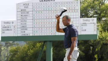 AUGUSTA, GEORGIA - APRIL 11: Tiger Woods of the United States waves on the 18th green during the first round of the Masters at Augusta National Golf Club on April 11, 2019 in Augusta, Georgia. (Photo by Kevin C. Cox/Getty Images)