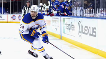 NEW YORK, NEW YORK - APRIL 27: Mattias Samuelsson #54 of the Buffalo Sabres skates against the New York Rangers at Madison Square Garden on April 27, 2021 in New York City. The Rangers defeated the Sabres 3-1. (Photo by Bruce Bennett/Getty Images)
