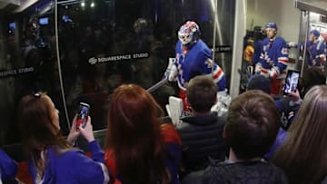 NEW YORK, NEW YORK - MARCH 01: Henrik Lundqvist #30 of the New York Rangers leads the team out to play against the Philadelphia Flyers at Madison Square Garden on March 01, 2020 in New York City. The Flyers defeated the Rangers 5-3. (Photo by Bruce Bennett/Getty Images)