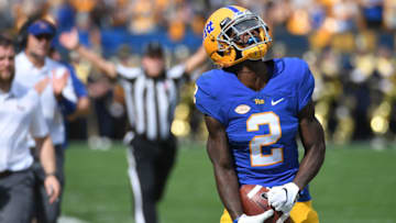 PITTSBURGH, PA - OCTOBER 06: Maurice Ffrench #2 of the Pittsburgh Panthers reacts after a catch in the second quarter during the game against the Syracuse Orange at Heinz Field on October 6, 2018 in Pittsburgh, Pennsylvania. (Photo by Justin Berl/Getty Images)