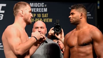 CLEVELAND, OH - SEPTEMBER 09: (L-R) Stipe Miocic of the United States and Alistair Overeem of the Netherlands face off during the UFC 203 Weigh-in at Quicken Loans Arena on September 9, 2016 in Cleveland, Ohio. (Photo by Josh Hedges/Zuffa LLC/Zuffa LLC via Getty Images)