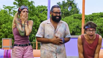 “I’m the Bandit” – Castaways must get the ball rolling in the right direction at the reward challenge to win a relaxing evening at the sanctuary. Then, with only six castaways left, it is an emotional struggle to decide which castaway will be going home, on SURVIVOR, Wednesday, May 17 (8:00-9:00 PM, ET/PT) on the CBS Television Network, and available to stream live and on demand on Paramount+. Pictured (L-R): Carolyn Wiger, Yamil “Yam Yam” Arocho, and Carson Garrett. Photo: CBS ©2023 CBS Broadcasting, Inc. All Rights Reserved. Highest quality screengrab available.