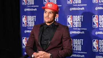 BROOKLYN, NY- JUNE 21: Trae Young speaks with the media after being selected number five overall during the 2018 2018 NBA Draft on June 21, 2018 in Brooklyn, NY. NOTE TO USER: User expressly acknowledges and agrees that, by downloading and/or using this photograph, user is consenting to the terms and conditions of the Getty Images License Agreement. Mandatory Copyright Notice: Copyright 2018 NBAE (Photo by Mike Lawrence/NBAE via Getty Images)