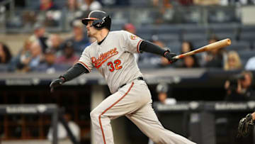 Oct 2, 2016; Bronx, NY, USA; Baltimore Orioles catcher Matt Wieters (32) bats in the ninth inning against the New York Yankees at Yankee Stadium. Mandatory Credit: Danny Wild-USA TODAY Sports