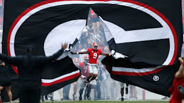 Georgia wide receiver Jackson Meeks (9) leads the team on to the field during the first half of a NCAA college football game between Samford and Georgia in Athens, Ga., on Saturday, Sept. 10, 2022.News Joshua L Jones