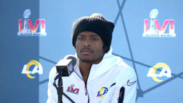 Feb 11, 2022; Thousand Oaks, CA, USA; Los Angeles Rams safety Jalen Ramsey during press conference at Cal Lutheran University. Mandatory Credit: Kirby Lee-USA TODAY Sports