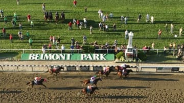 Jun 7, 2014; Elmont, NY, USA; Joel Rosario aboard Tonalist (11) wins the 2014 Belmont Stakes over Javier Castellano aboard Commissioner (8) at Belmont Park. Mandatory Credit: Brad Penner-USA TODAY Sports