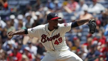 Jul 17, 2016; Atlanta, GA, USA; Atlanta Braves starting pitcher Julio Teheran (49) delivers a pitch to a Colorado Rockies batter in the third inning of their game at Turner Field. Mandatory Credit: Jason Getz-USA TODAY Sports