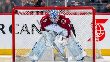 WINNIPEG, MB - FEBRUARY 14: Goaltender Semyon Varlamov #1 of the Colorado Avalanche gets set in the crease prior to puck drop against the Winnipeg Jets at the Bell MTS Place on February 14, 2019 in Winnipeg, Manitoba, Canada. (Photo by Jonathan Kozub/NHLI via Getty Images)