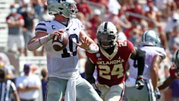Sep 26, 2020; Norman, Oklahoma, USA; Kansas State Wildcats quarterback Skylar Thompson (10 )throws during the second half against the Oklahoma Sooners at Gaylord Family Oklahoma Memorial Stadium. Mandatory Credit: Kevin Jairaj-USA TODAY Sports