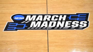 Mar 21, 2019; Salt Lake City, UT, USA; March Madness logo at mid court during the first half in the first round of the 2019 NCAA Tournament between the Baylor Bears and the Syracuse Orange at Vivint Smart Home Arena. Mandatory Credit: Kirby Lee-USA TODAY Sports