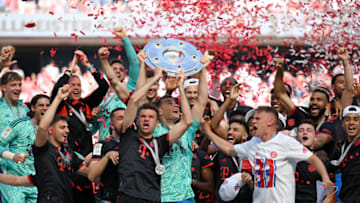 Bayern Munich players celebrating the Bundesliga title win after defeating Mainz on Saturday. (Photo by Matthias Hangst/Getty Images)