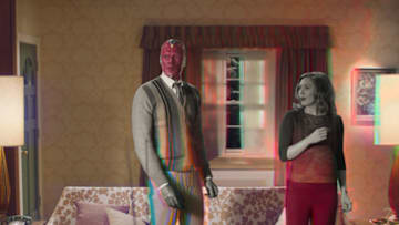 Wanda Maximoff (Elizabeth Olsen) and Vision (Paul Bettany) in WandaVision. Photo: Disney+.