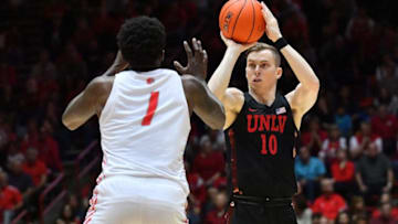 ALBUQUERQUE, NEW MEXICO - FEBRUARY 15: Jonah Antonio #10 of the UNLV Rebels shoots against Corey Manigault #1 of the New Mexico Lobos during their game at Dreamstyle Arena - The Pit on February 15, 2020 in Albuquerque, New Mexico. (Photo by Sam Wasson/Getty Images)