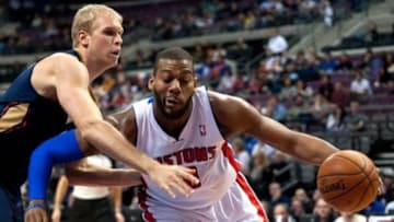 Jan 24, 2014; Auburn Hills, MI, USA; Detroit Pistons power forward Greg Monroe (10) drives to the basket during the third quarter against the New Orleans Pelicans at The Palace of Auburn Hills. New Orleans won 103-101. Mandatory Credit: Tim Fuller-USA TODAY Sports