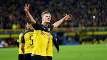 DORTMUND, GERMANY - FEBRUARY 18: Borussia's Erling Braut Haaland celebrates after scoring his 2nd goal during the UEFA Champions League round of 16 first leg match between Borussia Dortmund and Paris Saint-Germain at Signal Iduna Park on February 18, 2020 in Dortmund, Germany. (Photo by Sylvain Lefevre/Getty Images)