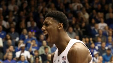 DURHAM, NORTH CAROLINA - JANUARY 26: RJ Barrett #5 of the Duke Blue Devils reacts after a play during their game against the Georgia Tech Yellow Jackets at Cameron Indoor Stadium on January 26, 2019 in Durham, North Carolina. (Photo by Streeter Lecka/Getty Images)