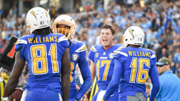 CARSON, CA - NOVEMBER 25: Quarterback Philip Rivers #17 of the Los Angeles Chargers reacts to the touchdown of wide receiver Mike Williams #81 to take a 28-10 lead in the second quarter at StubHub Center on November 25, 2018 in Carson, California. (Photo by Harry How/Getty Images)