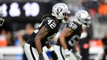 LAS VEGAS, NEVADA - NOVEMBER 21: Outside linebacker Cory Littleton #42 of the Las Vegas Raiders prepares for a play during the second half of a game against the Cincinnati Bengals at Allegiant Stadium on November 21, 2021 in Las Vegas, Nevada. The Bengals defeated the Raiders 32-13. (Photo by Chris Unger/Getty Images)
