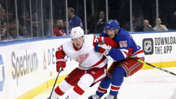 NEW YORK, NEW YORK - JANUARY 31: Adam Erne #73 of the Detroit Red Wings skates against Ryan Lindgren #55 of the New York Rangers at Madison Square Garden on January 31, 2020 in New York City. The Rangers defeated the Red Wings 4-2. (Photo by Bruce Bennett/Getty Images)