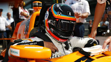 INDIANAPOLIS, IN - MAY 26: Fernando Alonso of Spain, driver of the #29 Chandon Honda prepares to drive during Carb day for the 101st Indianapolis 500 at Indianapolis Motorspeedway on May 26, 2017 in Indianapolis, Indiana. (Photo by Chris Graythen/Getty Images)