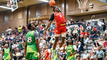 Team 5 Star Zone and Michigan State freshman Coen Carr dunks during the Moneyball Pro-Am game against Team Faygo on Thursday, July 13, 2023, at Holt High School.