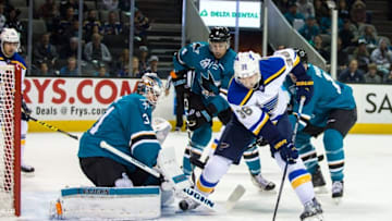 Mar 22, 2016; San Jose, CA, USA; St. Louis Blues right wing Troy Brouwer (36) shoots against San Jose Sharks goalie Martin Jones (31) in the first period at SAP Center at San Jose. Mandatory Credit: John Hefti-USA TODAY Sports