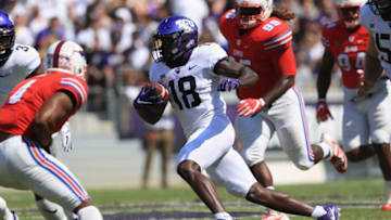 FORT WORTH, TX - SEPTEMBER 16: Jalen Reagor #18 of the TCU Horned Frogs runs the ball against the Southern Methodist Mustangs in the first half at Amon G. Carter Stadium on September 16, 2017 in Fort Worth, Texas. (Photo by Ronald Martinez/Getty Images)