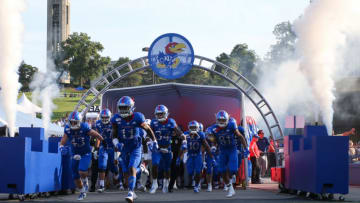 LAWRENCE, KS - SEPTEMBER 07: Kansas Jayhawks players run onto the field before an FBS football game between the Coastal Carolina Chanticleers and Kansas Jayhawks on September 7, 2019 at Memorial Stadium in Lawrence, KS. (Photo by Scott Winters/Icon Sportswire via Getty Images)