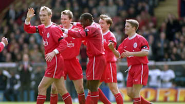 15 Apr 2000: Sami Hyypia, Dietmar Hamann, Emile Heskey, Vladimir Smicer and Michael Owen of Liverpool celebrate Heskey's goal during the FA Carling Premier League match against Wimbledon played at Selhurst Park in London. Liverpool won the game 2-1. Mandatory Credit: Alex Livesey /Allsport