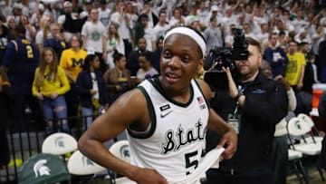 EAST LANSING, MI - MARCH 09: Cassius Winston #5 of the Michigan State Spartans reacts after defeating the Michigan Wolverines 75-63 at Breslin Center on March 9, 2019 in East Lansing, Michigan. (Photo by Gregory Shamus/Getty Images)