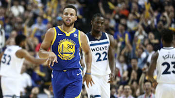 SHANGHAI, CHINA - OCTOBER 08: Stephen Curry #30 of the Golden State Warriors celebrates during the game between the Minnesota Timberwolves and the Golden State Warriors as part of 2017 NBA Global Games China at Mercedes-Benz Arena on October 8, 2017 in Shanghai, China. (Photo by Zhong Zhi/Getty Images)