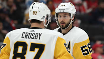 WASHINGTON, DC - FEBRUARY 23: Kris Letang #58 of the Pittsburgh Penguins looks on against the Washington Capitals during the period at Capital One Arena on February 23, 2020 in Washington, DC. (Photo by Patrick Smith/Getty Images)