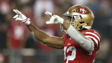 SANTA CLARA, CA - NOVEMBER 12: Matt Breida #22 of the San Francisco 49ers celebrates after scoring a three-yard touchdown against the New York Giants during their NFL game at Levi's Stadium on November 12, 2018 in Santa Clara, California. (Photo by Ezra Shaw/Getty Images)