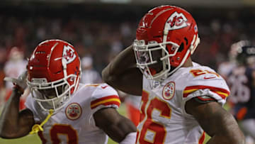CHICAGO, ILLINOIS - DECEMBER 22: Tyreek Hill #10 (L) and Damien Williams #26 of the Kansas City Chiefs celebrate a touchdown run by Williams against the Chicago Bears at Soldier Field on December 22, 2019 in Chicago, Illinois. The Chiefs defeated the Bears 26-3. (Photo by Jonathan Daniel/Getty Images)