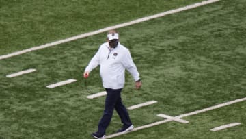 SOUTH BEND, INDIANA - MAY 01: Head coach Brian Kelly of the Notre Dame Fighting Irish reacts during the first half of the Blue-Gold Spring Game at Notre Dame Stadium on May 01, 2021 in South Bend, Indiana. (Photo by Quinn Harris/Getty Images)