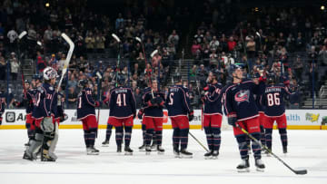 Apr 14, 2023; Columbus, Ohio, USA; Columbus Blue Jackets players celebrate after the game against the Buffalo Sabres at Nationwide Arena. Mandatory Credit: Jason Mowry-USA TODAY Sports