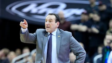 LOUISVILLE, KENTUCKY - FEBRUARY 12: Mike Krzyewski the head coach of the Duke Blue Devils gives instructions to his team against the Louisville Cardinals at KFC YUM! Center on February 12, 2019 in Louisville, Kentucky. (Photo by Andy Lyons/Getty Images)