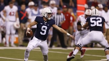 Dec 3, 2016; Indianapolis, IN, USA; Penn State Nittany Lions quarterback Trace McSorley (9) drops back to pass against the Wisconsin Badgers in the first half during the Big Ten Championship college football game at Lucas Oil Stadium. Mandatory Credit: Brian Spurlock-USA TODAY Sports