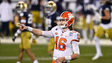 Dec 19, 2020; Charlotte, NC, USA; Clemson Tigers quarterback Trevor Lawrence (16) on the field in the fourth quarter at Bank of America Stadium. Mandatory Credit: Bob Donnan-USA TODAY Sports