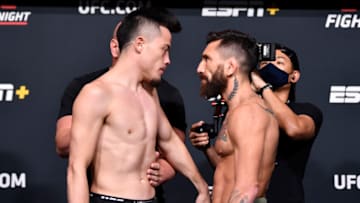 LAS VEGAS, NEVADA - AUGUST 27: (L-R) Opponents Mana Martinez and Guido Cannetti of Argentina face off during the UFC Fight Night weigh-in at UFC APEX on August 27, 2021 in Las Vegas, Nevada. (Photo by Chris Unger/Zuffa LLC)