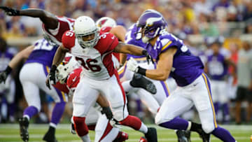 MINNEAPOLIS, MN - AUGUST 16: Deone Bucannon #36 of the Arizona Cardinals defends against Andrew Sendejo #34 of the Minnesota Vikings during the game on August 16, 2014 at TCF Bank Stadium in Minneapolis, Minnesota. The Vikings defeated the Cardinals 30-28. (Photo by Hannah Foslien/Getty Images)