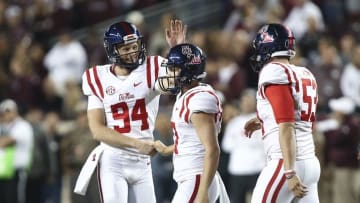 Nov 12, 2016; College Station, TX, USA; Mississippi Rebels place kicker Gary Wunderlich (97) is congratulated after making a field goal during the fourth quarter against the Texas A&M Aggies at Kyle Field. Mandatory Credit: Troy Taormina-USA TODAY Sports