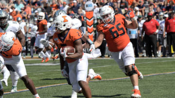 CHAMPAIGN, IL. - SEPTEMBER 14: Illinois running back reggie Corbin (2) funs the ball during a non-conference college football game between the Eastern Michigan Eagles and the Illinois Fighting Illini on September 14, 2019, at Memorial Stadium, Champaign, IL. (Photo by Keith Gillett/Icon Sportswire via Getty Images)
